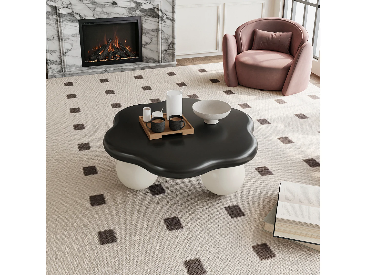 Table basse en forme de nuage 79 cm avec pieds sphériques - Plateau noir