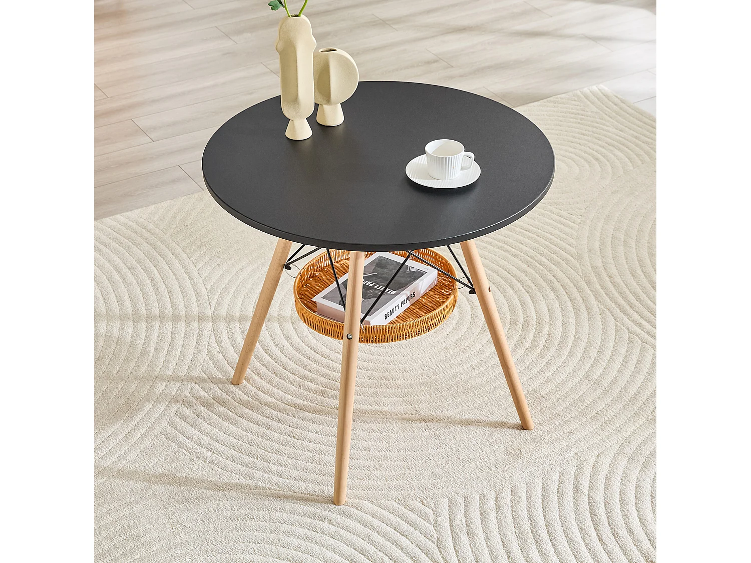 Table à manger ronde 80 cm avec rangement - Noir et bois