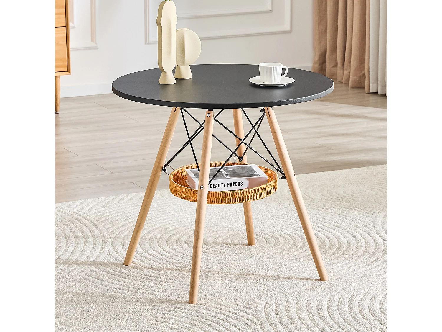 Table à manger ronde 80 cm avec rangement - Noir et bois
