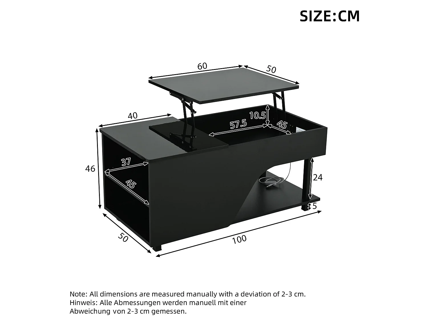 Table basse relevable 50x100 cm avec rangements et LED - Noir