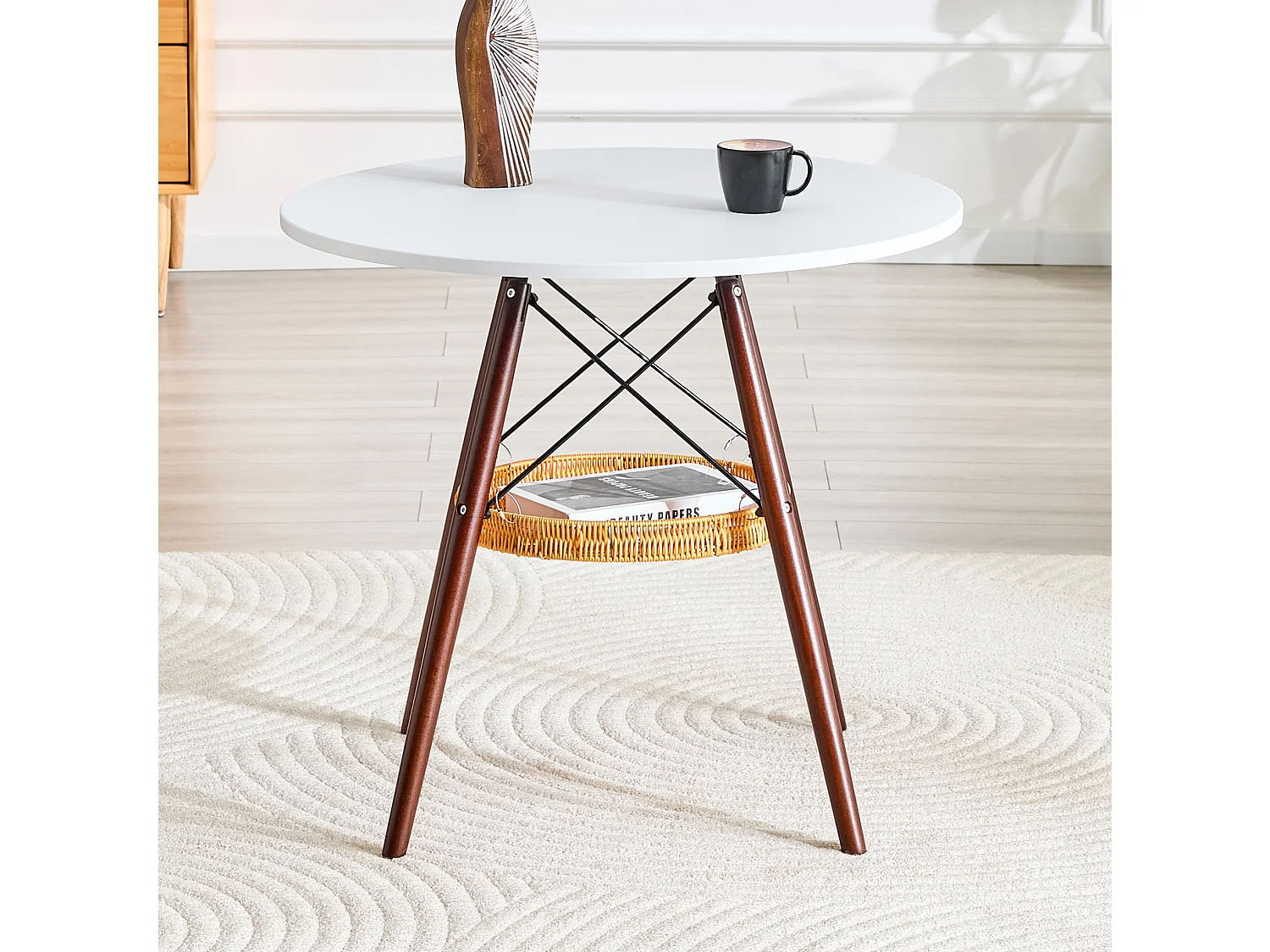 Table à manger ronde 80 cm avec rangement - Blanc et marron