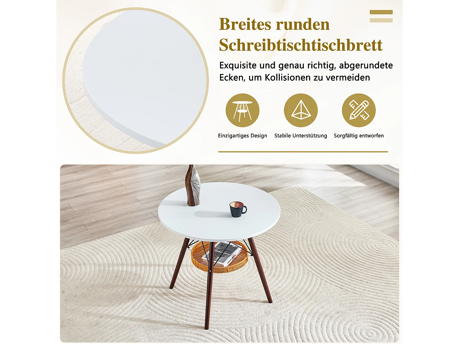 Table à manger ronde 80 cm avec rangement - Blanc et marron