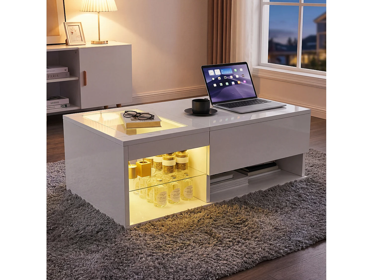 Table basse avec éclairage LED, rangement dissimulé et pliantes - Table d'appoint - 100x55x35 cm - Table de salon -   Capacité max 60 kg - Brillante - MDF - Blanc