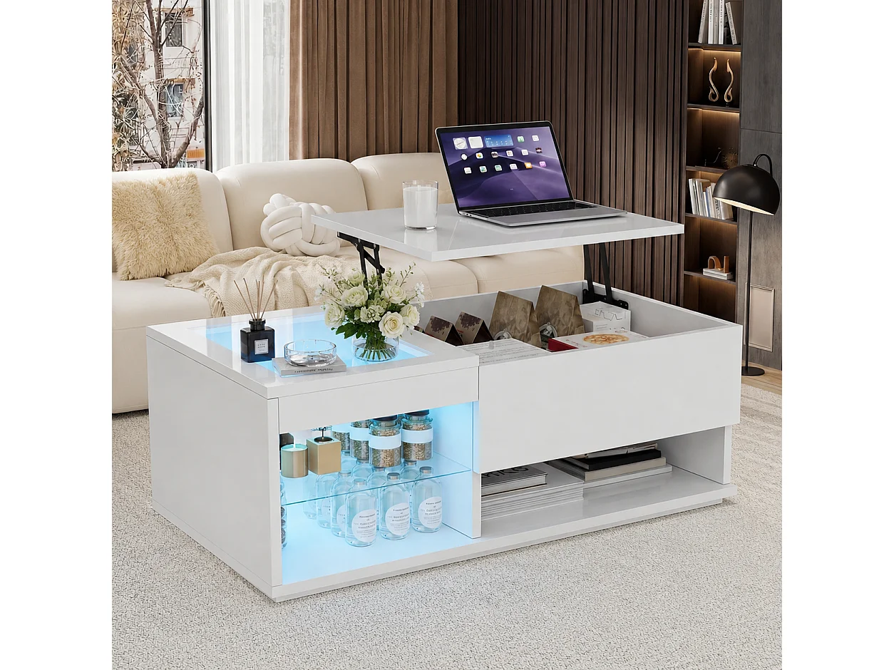 Table basse avec éclairage LED, rangement dissimulé et pliantes - Table d'appoint - 100x55x35 cm - Table de salon -   Capacité max 60 kg - Brillante - MDF - Blanc