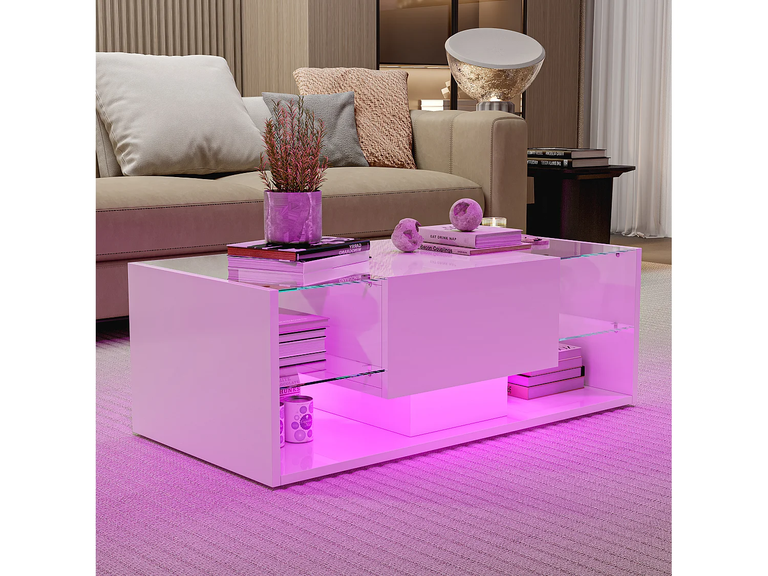 Table basse brillante avec Lumières LED, étagère ouverte et tiroirs, Table de salon moderne avec rangement, 100x50x35 cm, Blanc