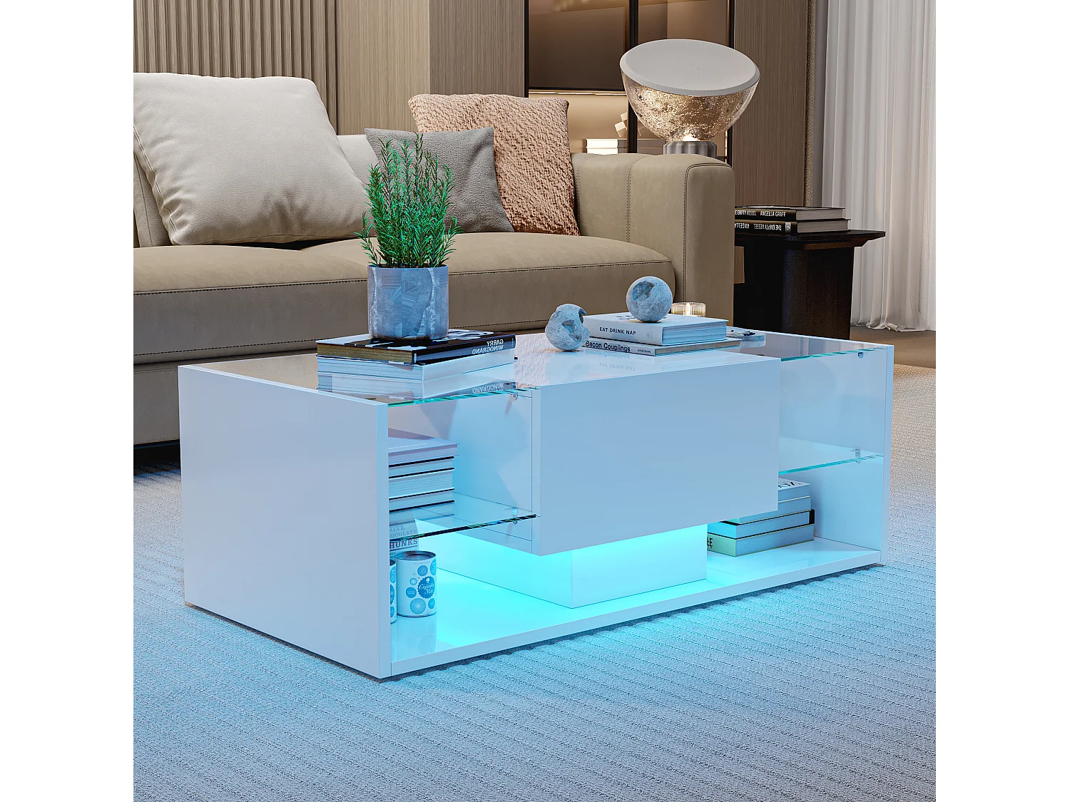 Table basse brillante avec Lumières LED, étagère ouverte et tiroirs, Table de salon moderne avec rangement, 100x50x35 cm, Blanc