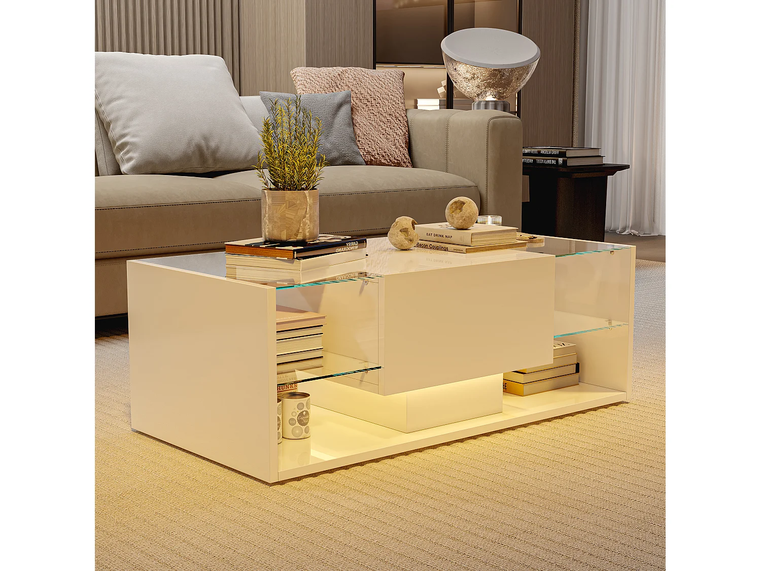 Table basse brillante avec Lumières LED, étagère ouverte et tiroirs, Table de salon moderne avec rangement, 100x50x35 cm, Blanc