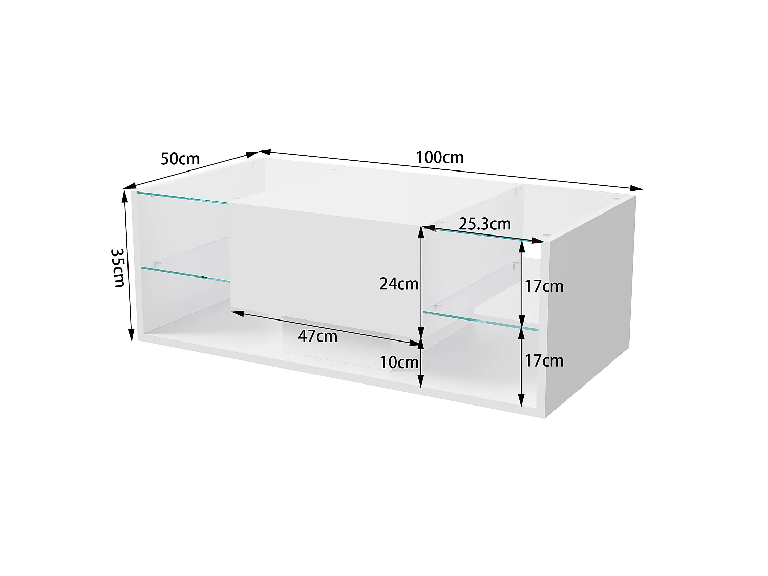 Table basse brillante avec Lumières LED, étagère ouverte et tiroirs, Table de salon moderne avec rangement, 100x50x35 cm, Blanc