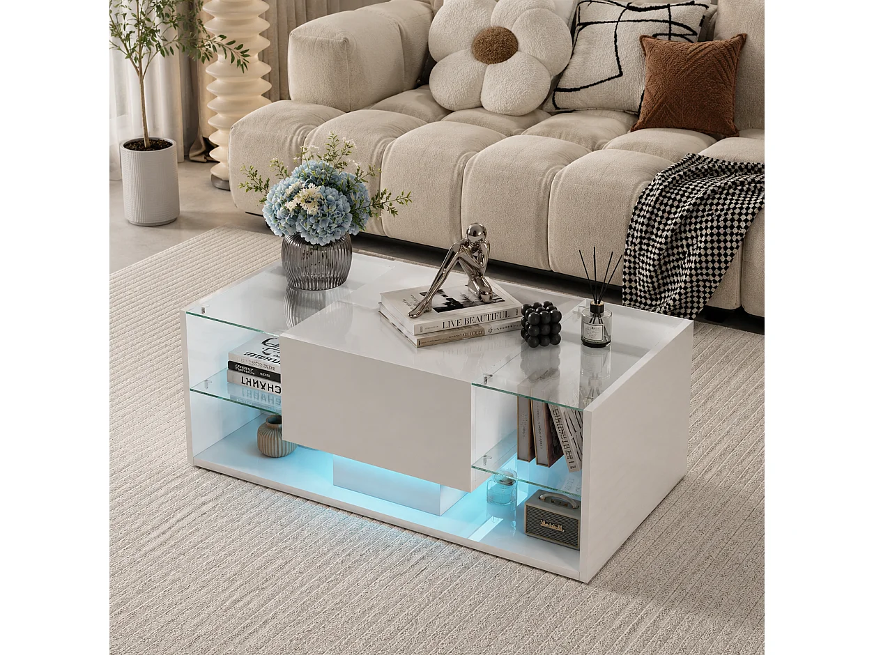 Table basse brillante avec Lumières LED, étagère ouverte et tiroirs, Table de salon moderne avec rangement, 100x50x35 cm, Blanc
