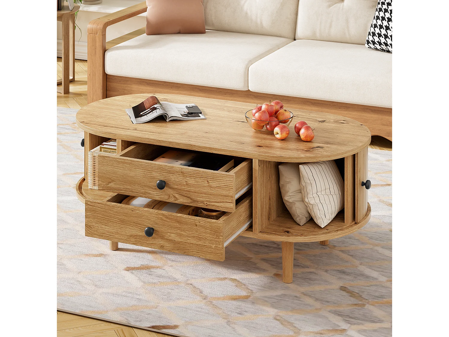 Table basse avec 2 tiroirs et 2 portes coulissantes - Naturel clair