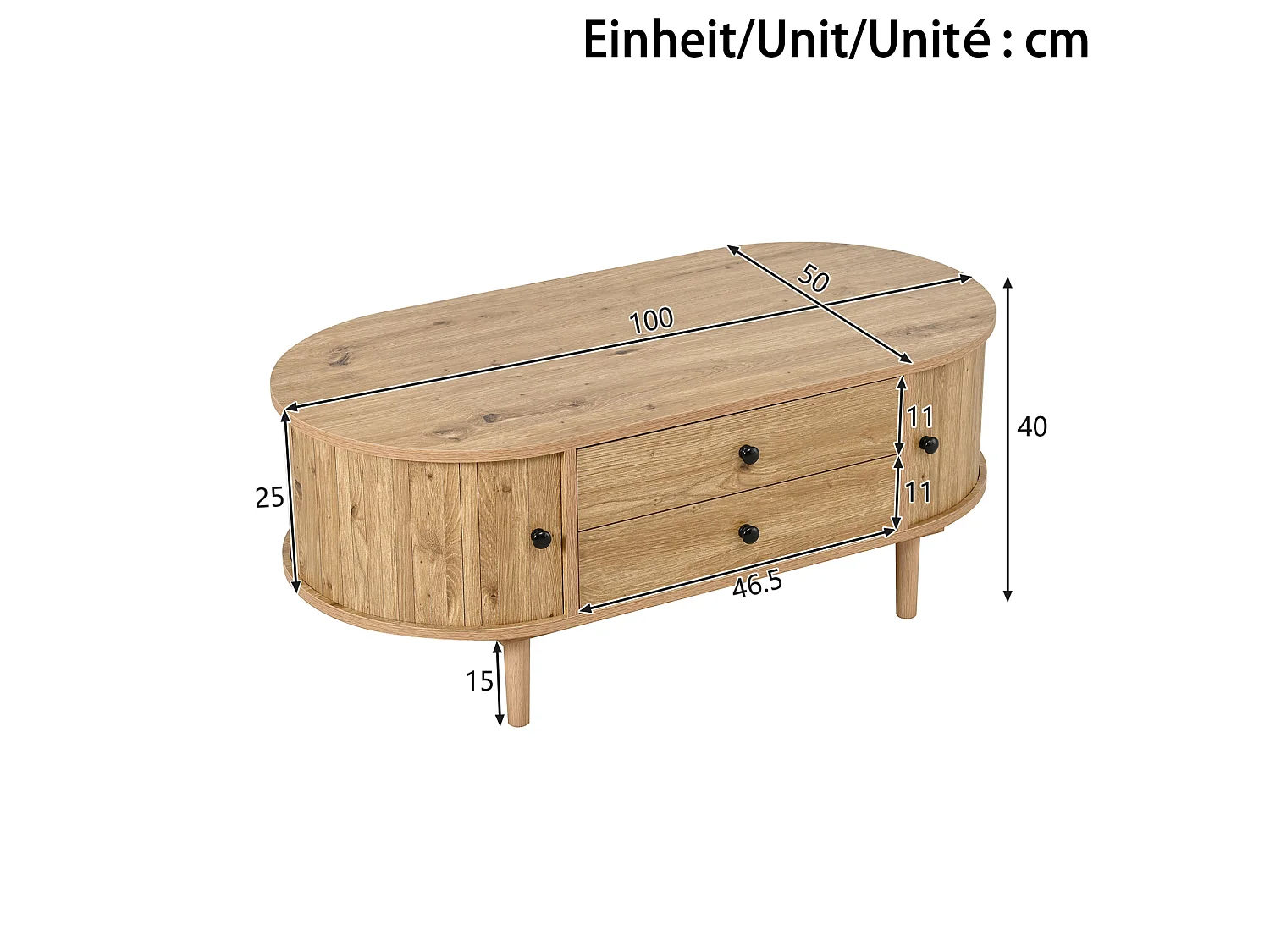 Table basse avec 2 tiroirs et 2 portes coulissantes - Naturel clair