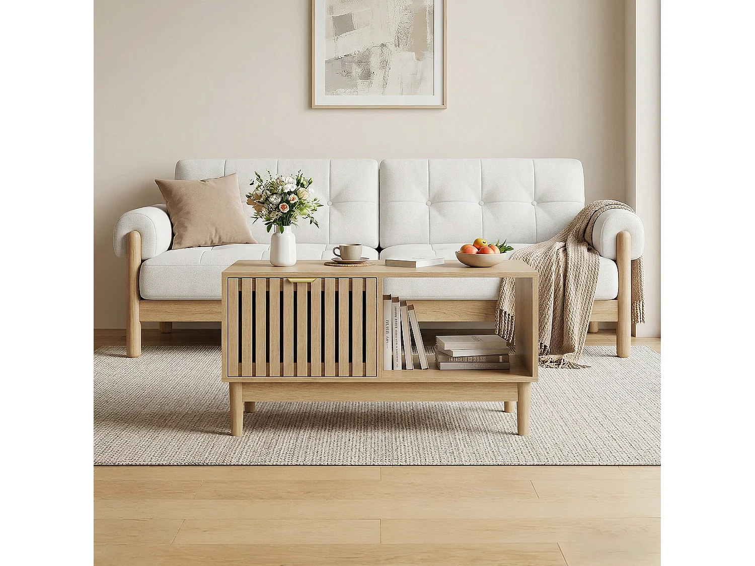 Soffbord 80 x 50 x 45 cm med låda - Ljus naturlig finish