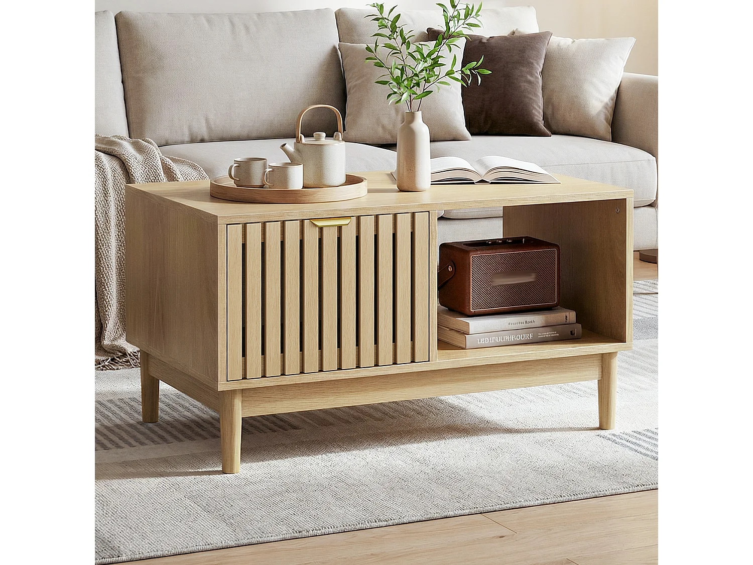 Soffbord 80 x 50 x 45 cm med låda - Ljus naturlig finish