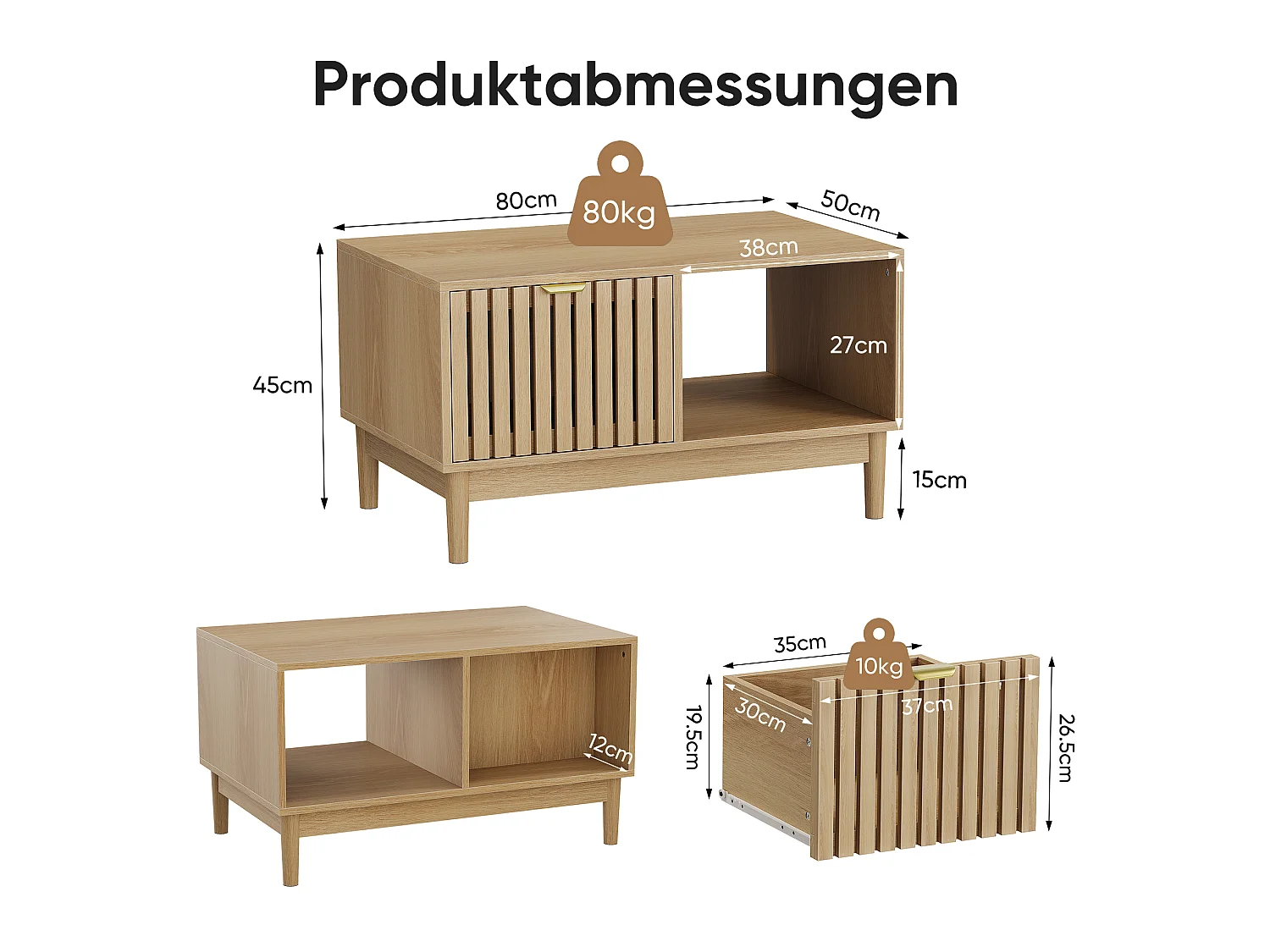 Soffbord 80 x 50 x 45 cm med låda - Ljus naturlig finish