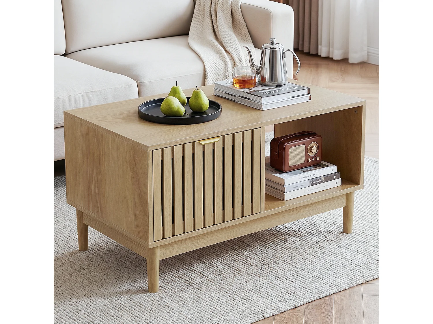 Soffbord 80 x 50 x 45 cm med låda - Ljus naturlig finish