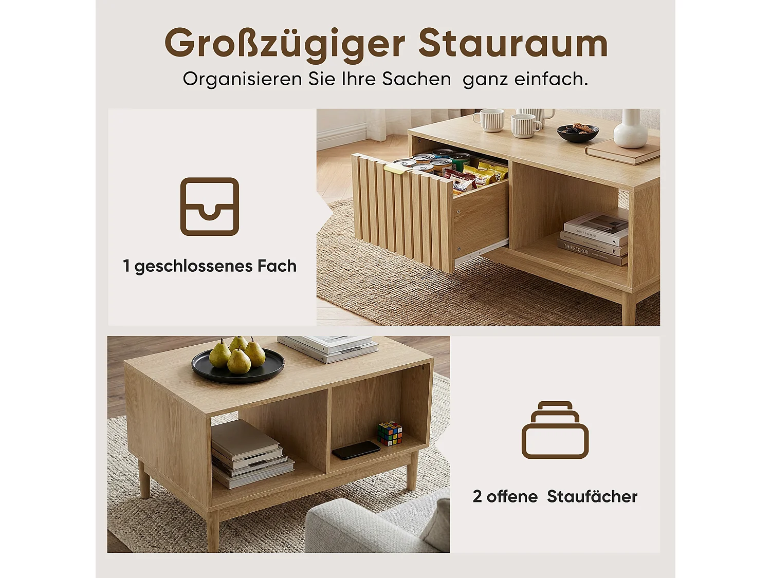 Soffbord 80 x 50 x 45 cm med låda - Ljus naturlig finish