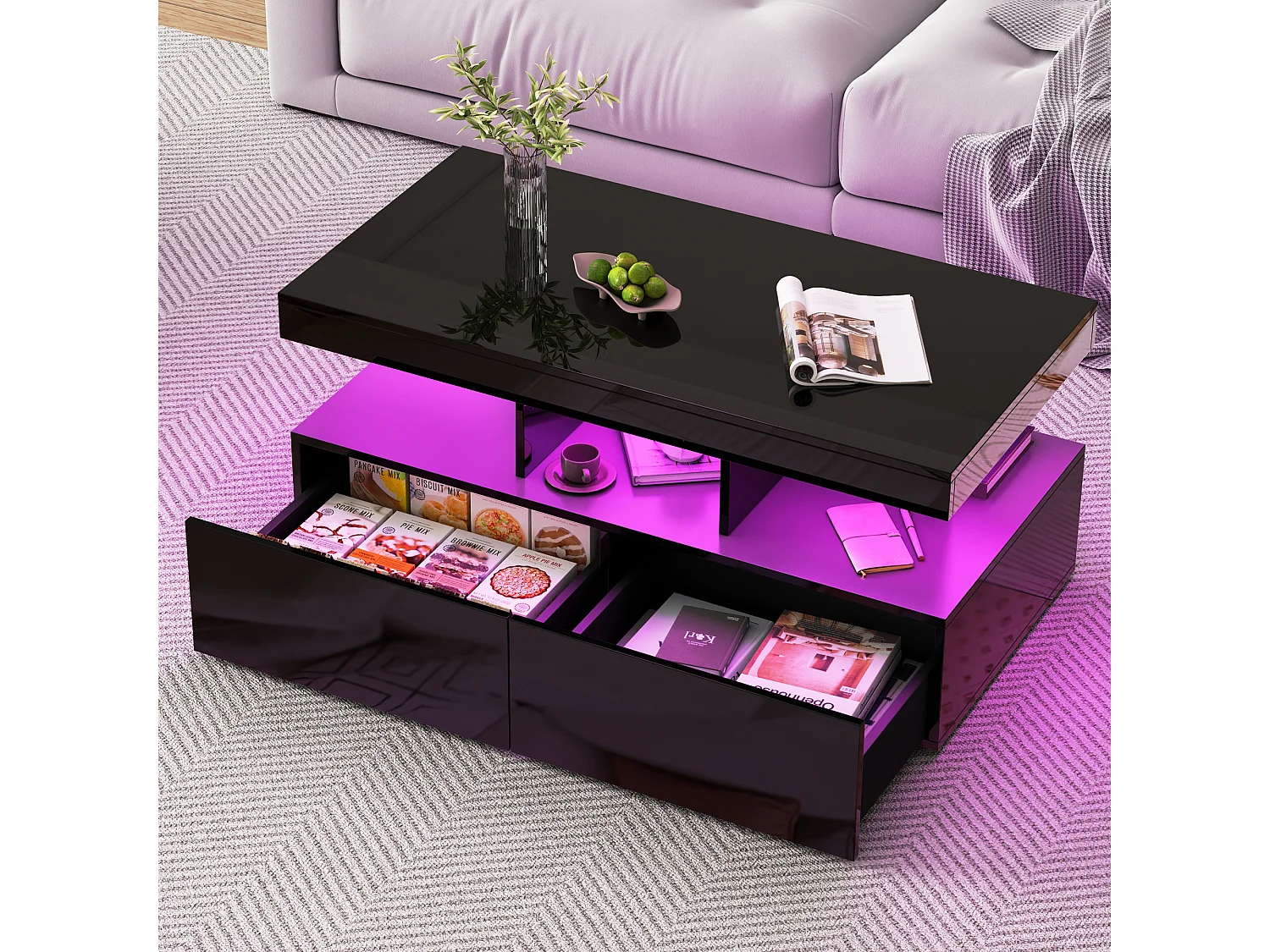 Table basse - Table de salon avec éclairage LED et 2 tiroirs - Table d'appoint - Poids 60 kg - 105x53x46 cm - Panneaux de particules - Noir