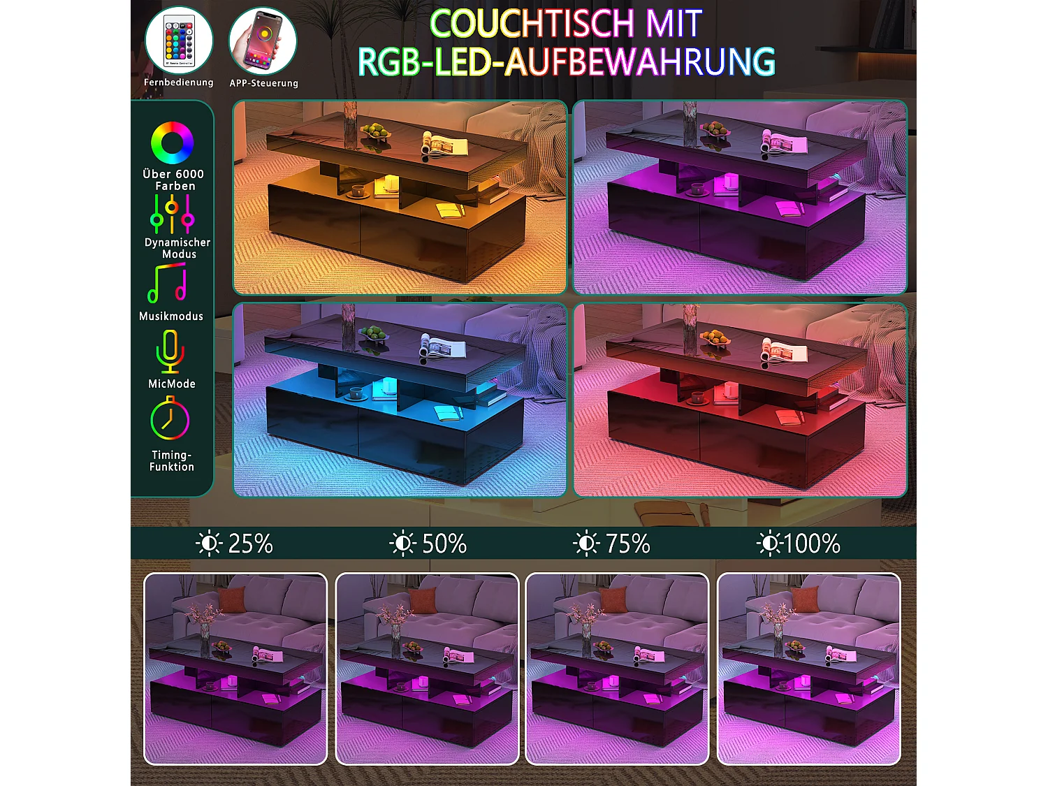 Table basse - Table de salon avec éclairage LED et 2 tiroirs - Table d'appoint - Poids 60 kg - 105x53x46 cm - Panneaux de particules - Noir