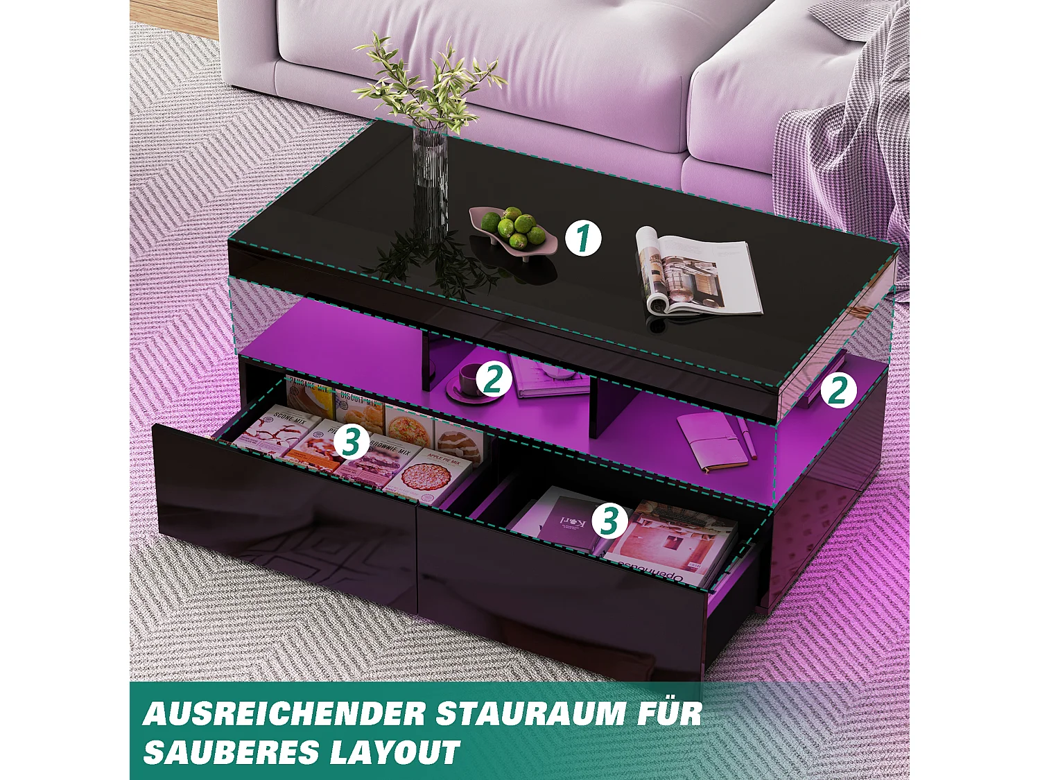 Table basse - Table de salon avec éclairage LED et 2 tiroirs - Table d'appoint - Poids 60 kg - 105x53x46 cm - Panneaux de particules - Noir