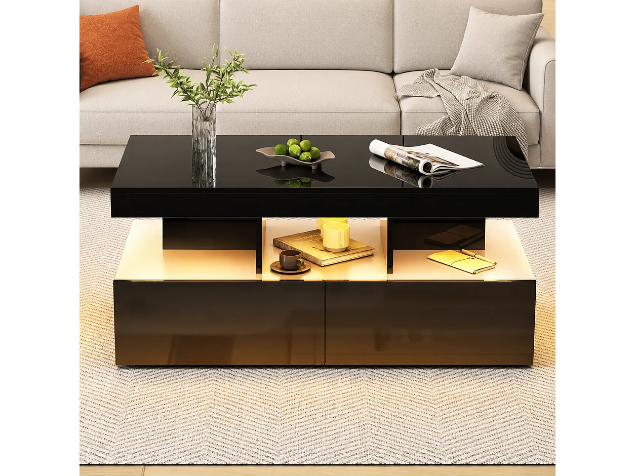 Table basse - Table de salon avec éclairage LED et 2 tiroirs - Table d'appoint - Poids 60 kg - 105x53x46 cm - Panneaux de particules - Noir