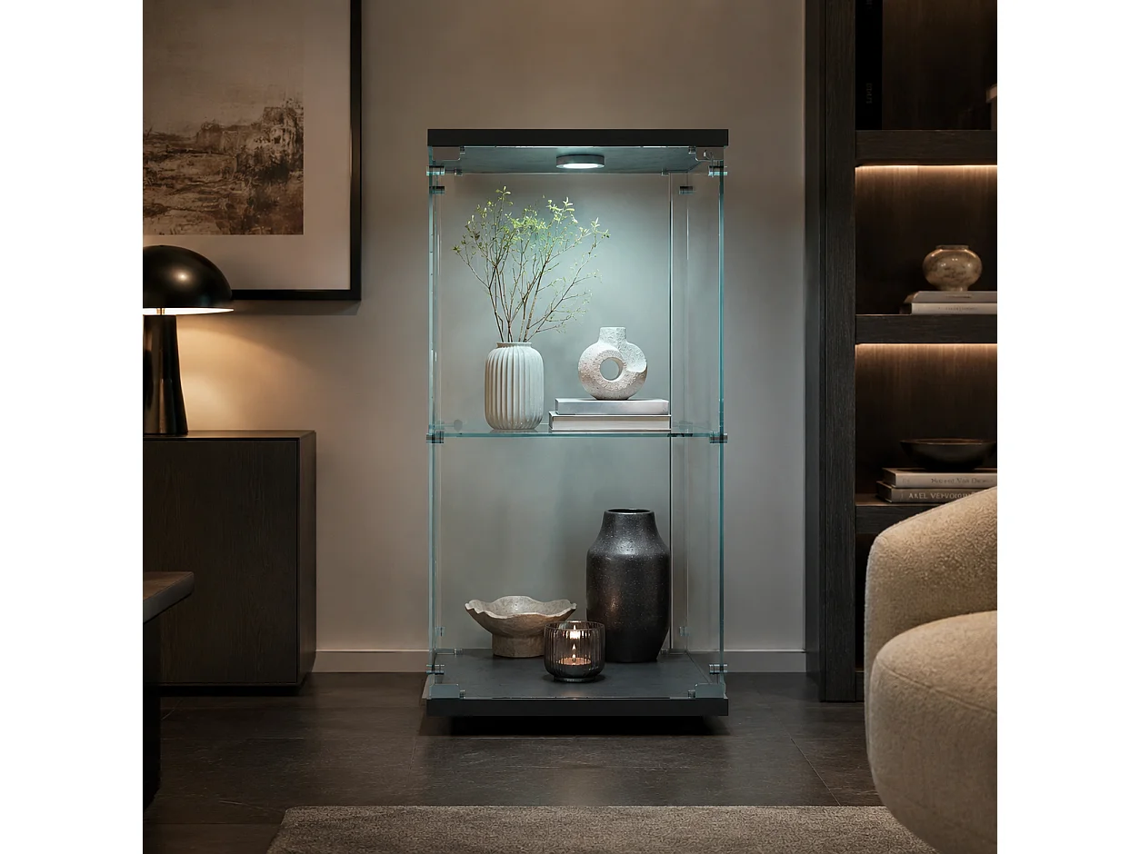 Vitrines en Verre 86x40x36.5 cm, armoires de Rangement Verticales en Verre, Vitrine Verre avec LED, adaptées aux Salons, Chambres, Bureaux, Noir