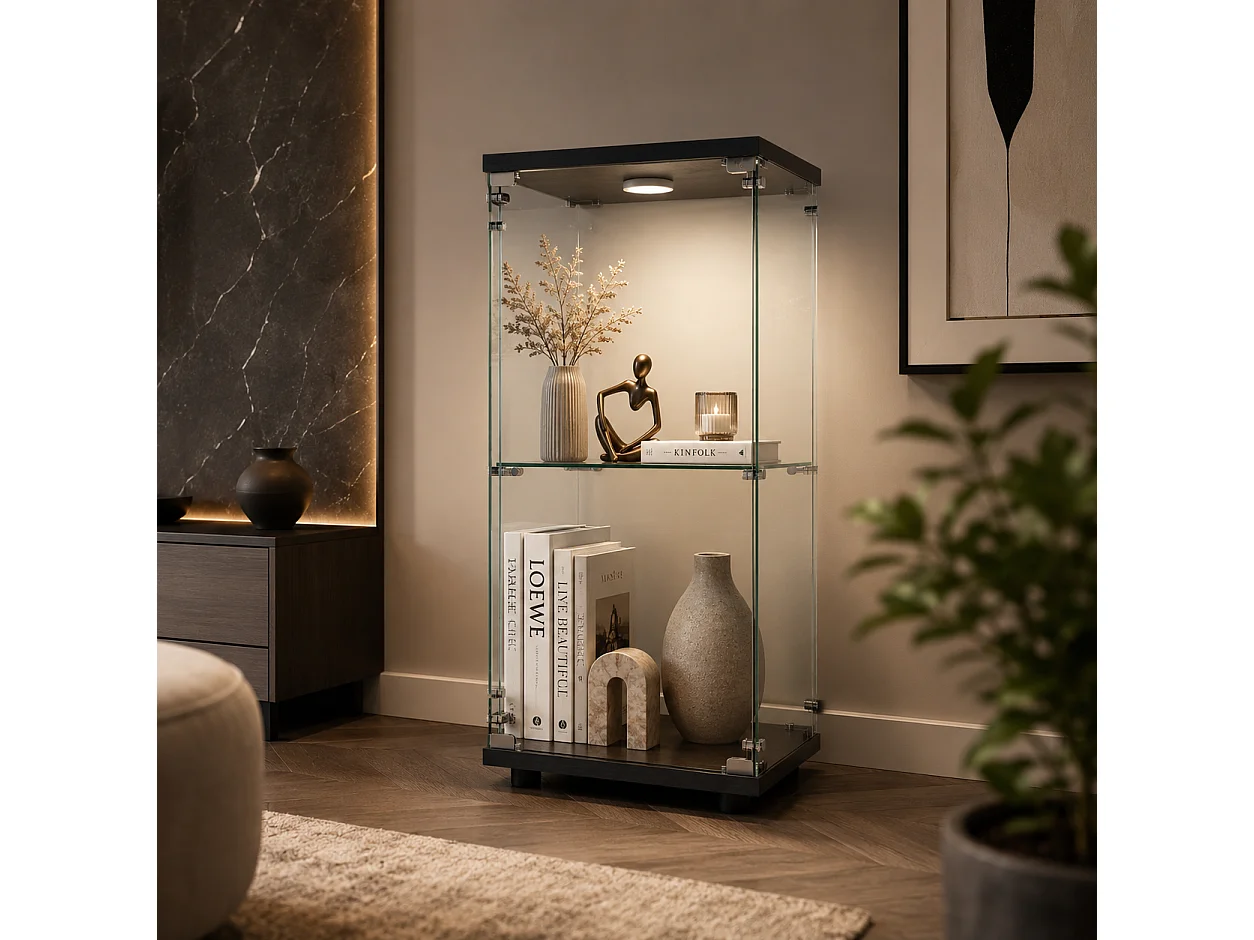 Vitrines en Verre 86x40x36.5 cm, armoires de Rangement Verticales en Verre, Vitrine Verre avec LED, adaptées aux Salons, Chambres, Bureaux, Noir