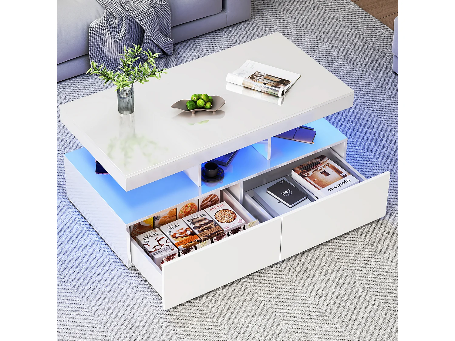 Table basse - Table de salon avec éclairage LED et 2 tiroirs - Table d'appoint - Poids 60 kg - 105x53x46 cm - Panneaux de particules - Blanc