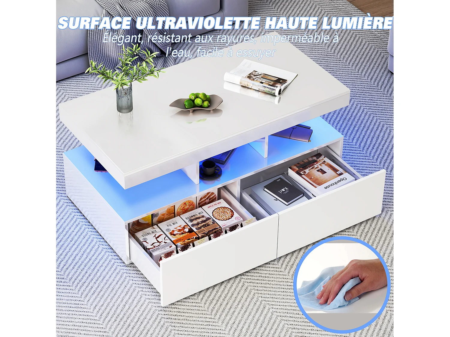 Table basse - Table de salon avec éclairage LED et 2 tiroirs - Table d'appoint - Poids 60 kg - 105x53x46 cm - Panneaux de particules - Blanc