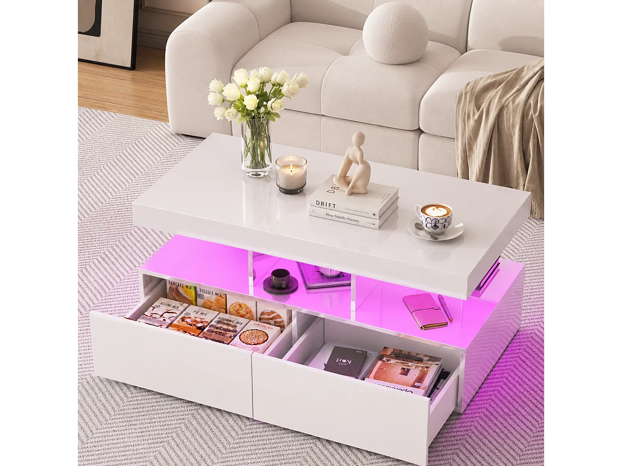 Table basse - Table de salon avec éclairage LED et 2 tiroirs - Table d'appoint - Poids 60 kg - 105x53x46 cm - Panneaux de particules - Blanc