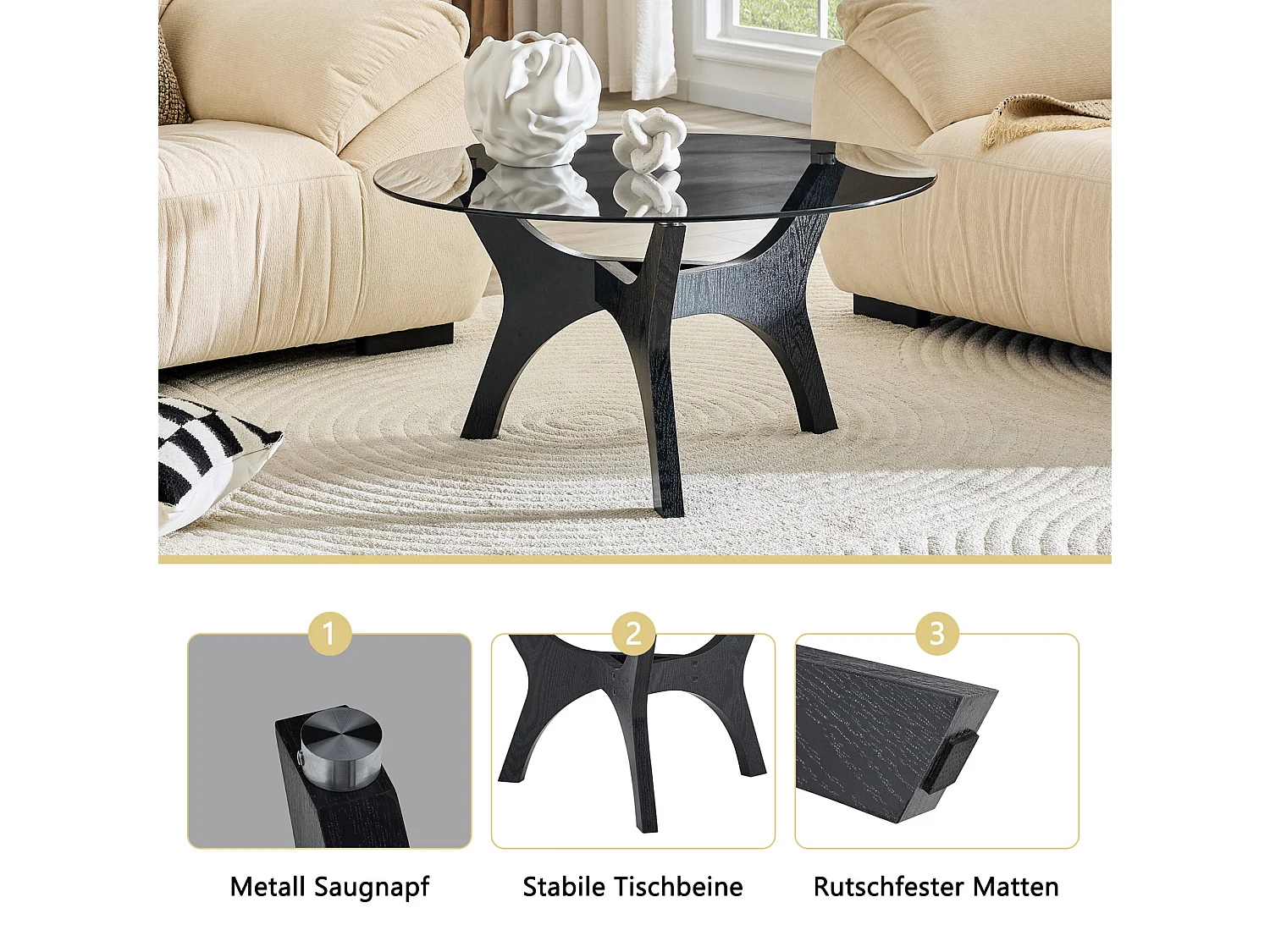 Ronde salontafel 80x80x42,2 cm in zwart - Glas en MDF