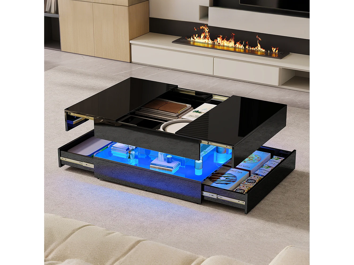 Table basse - avec éclairage LED et 2 tiroirs - Robuste MDF (60 kg) - Fonction rangement - Table de salon - 78x78x43 cm - Noir