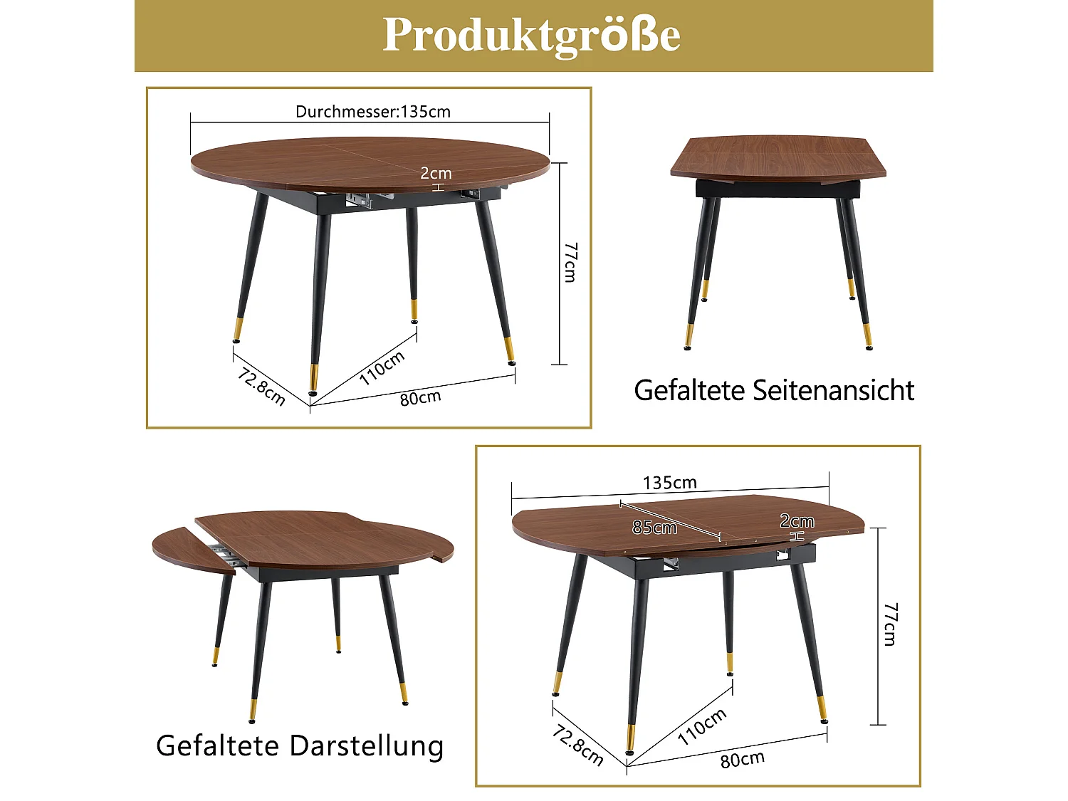 Table à manger extensible 135 x 85 (135) cm avec pieds en métal - Marron