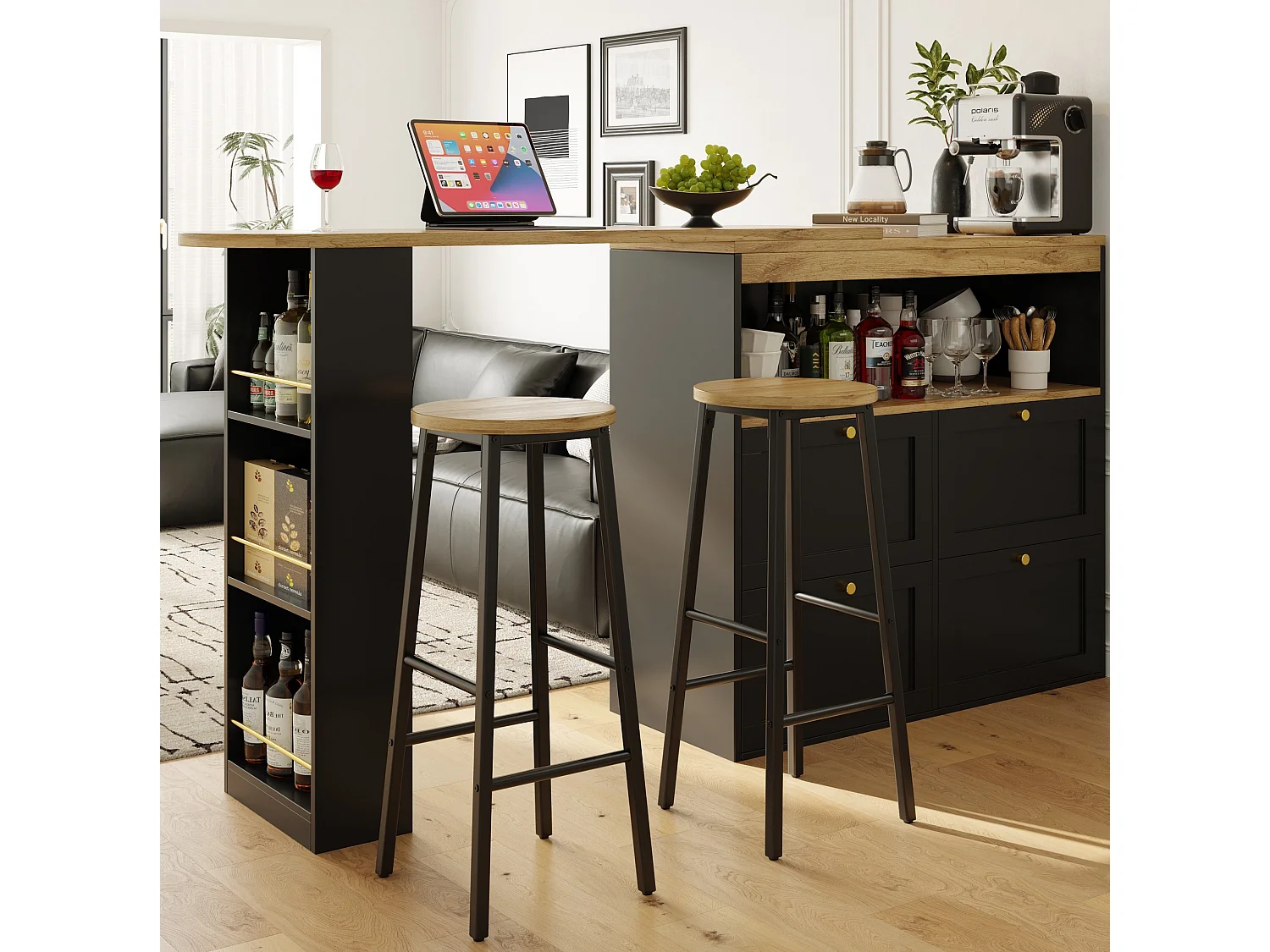 Set van 2 metalen barkrukken met houten zitting - Zwart