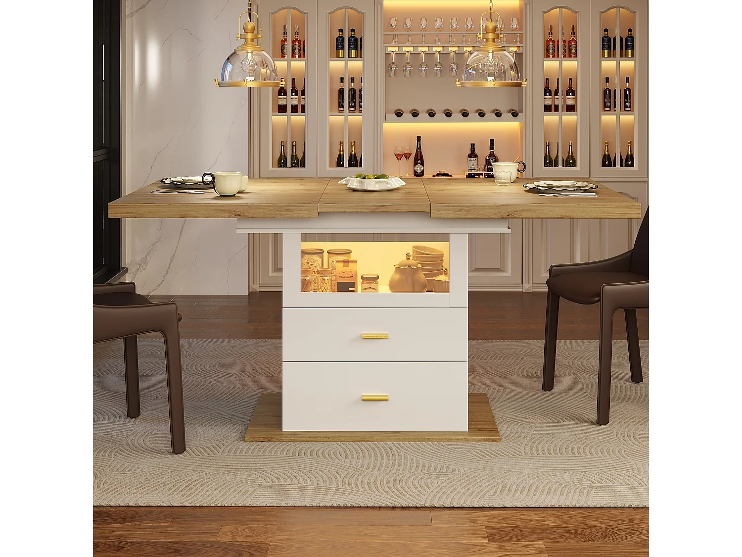Table à manger extensible 110-140 x 80 cm avec LED et 2 tiroirs - Blanc