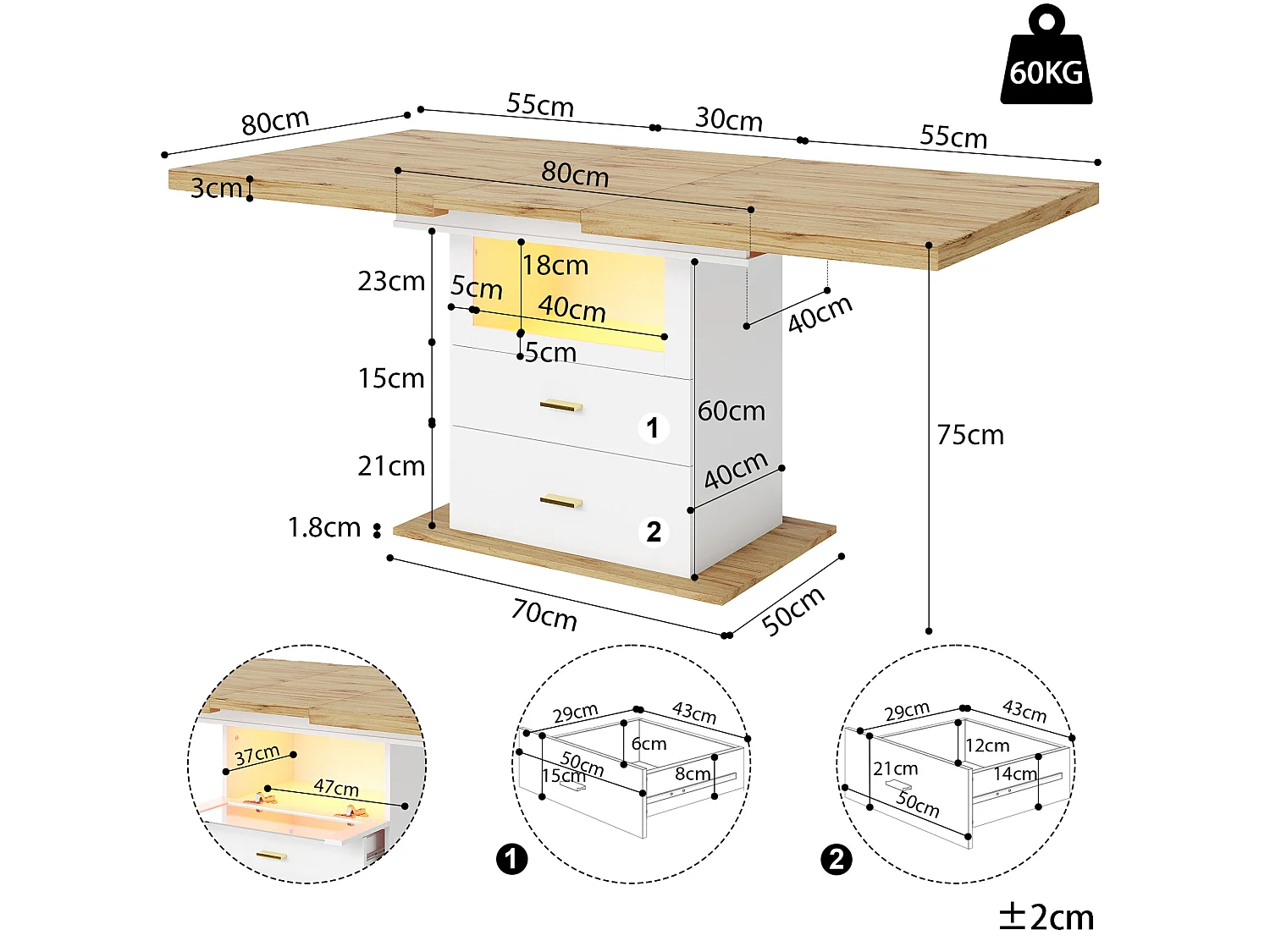 Table à manger extensible 110-140 x 80 cm avec LED et 2 tiroirs - Blanc
