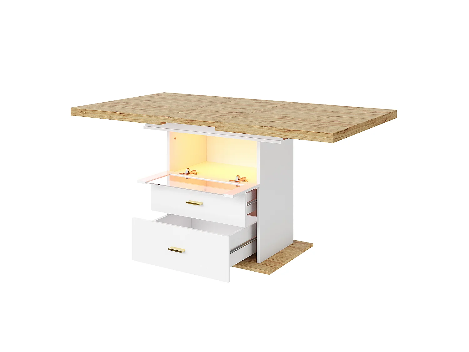 Table à manger extensible 110-140 x 80 cm avec LED et 2 tiroirs - Blanc