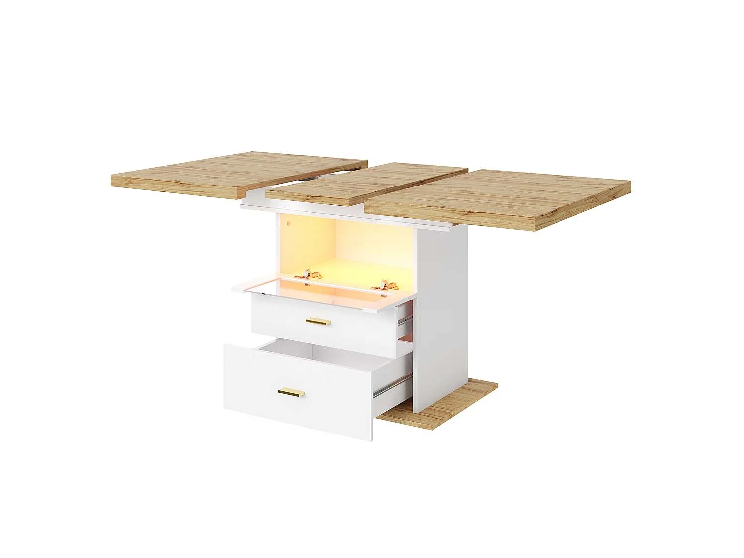 Table à manger extensible 110-140 x 80 cm avec LED et 2 tiroirs - Blanc
