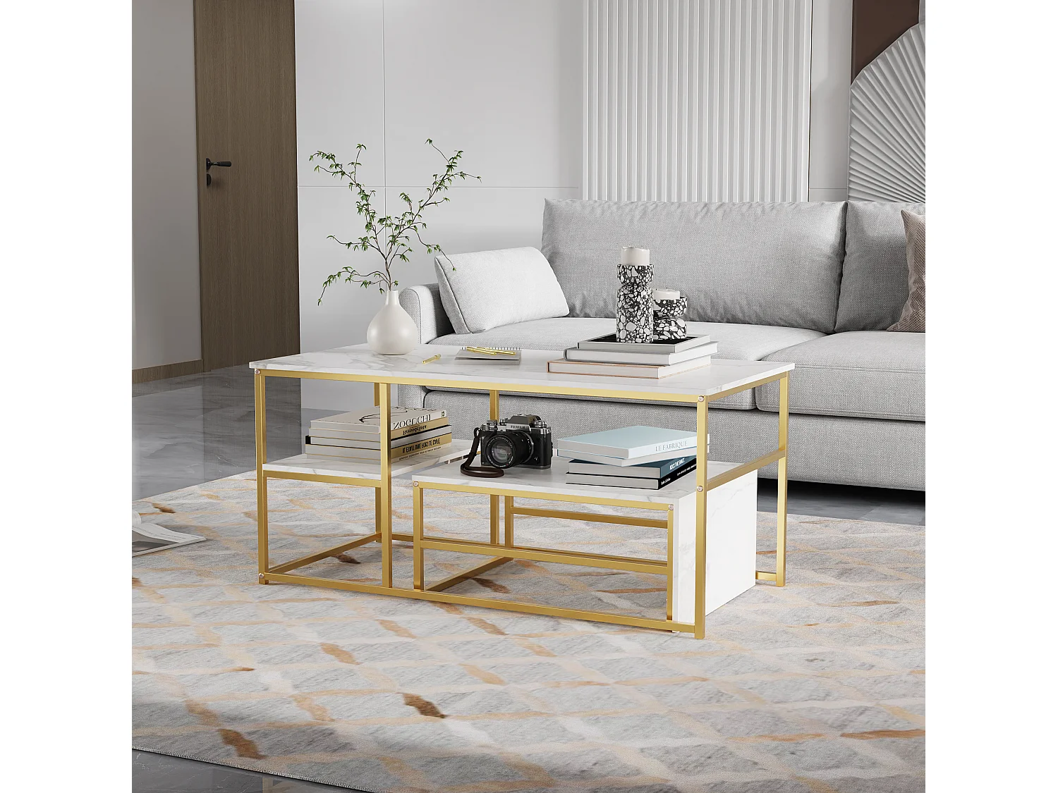 Table basse pour salon - Lot de 2 - Structure en acier avec étagère - Table d'appoint couleur Doré - Style industriel et scandinave - 105 x 52 x 50 cm