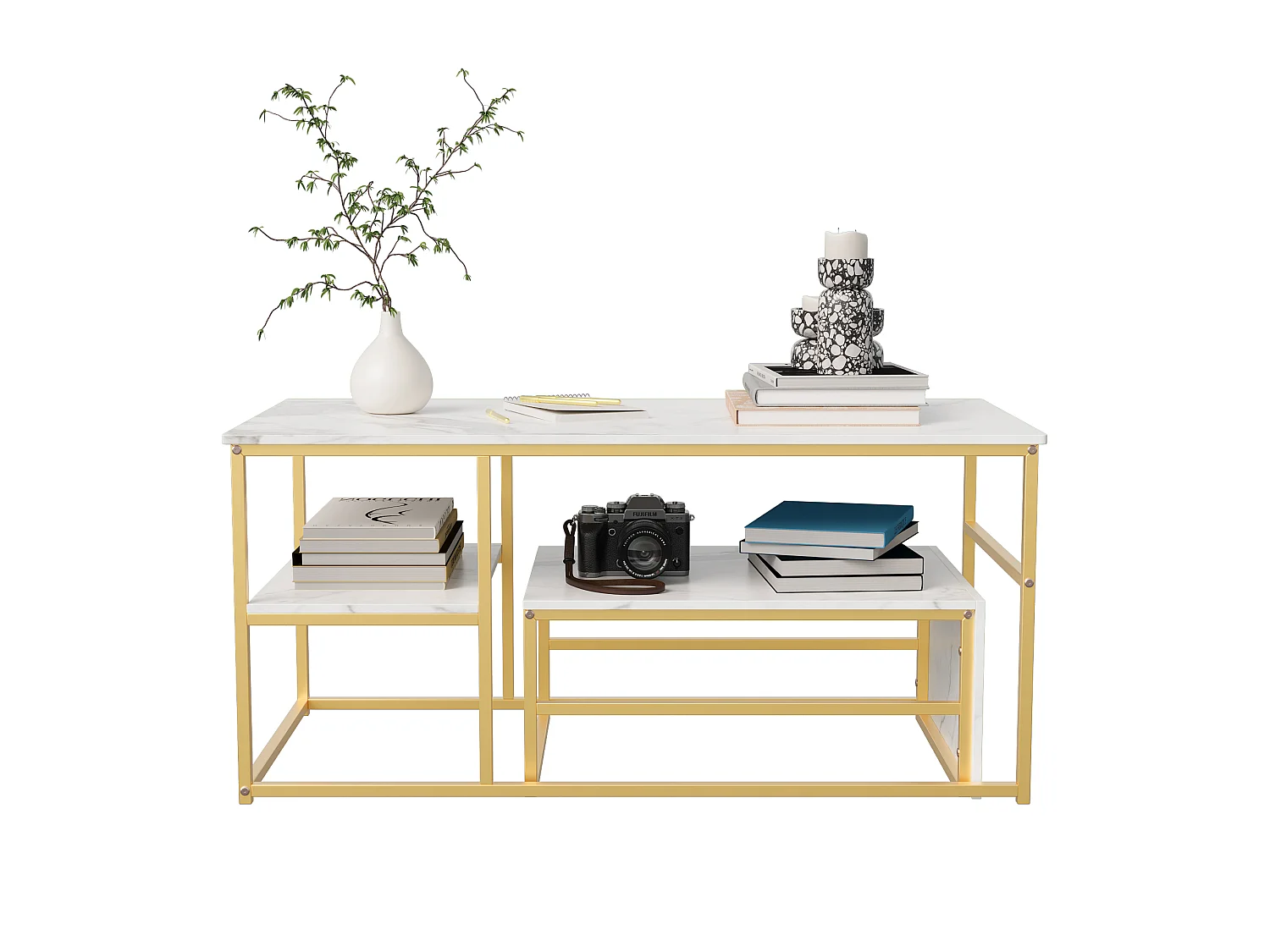 Table basse pour salon - Lot de 2 - Structure en acier avec étagère - Table d'appoint couleur Doré - Style industriel et scandinave - 105 x 52 x 50 cm