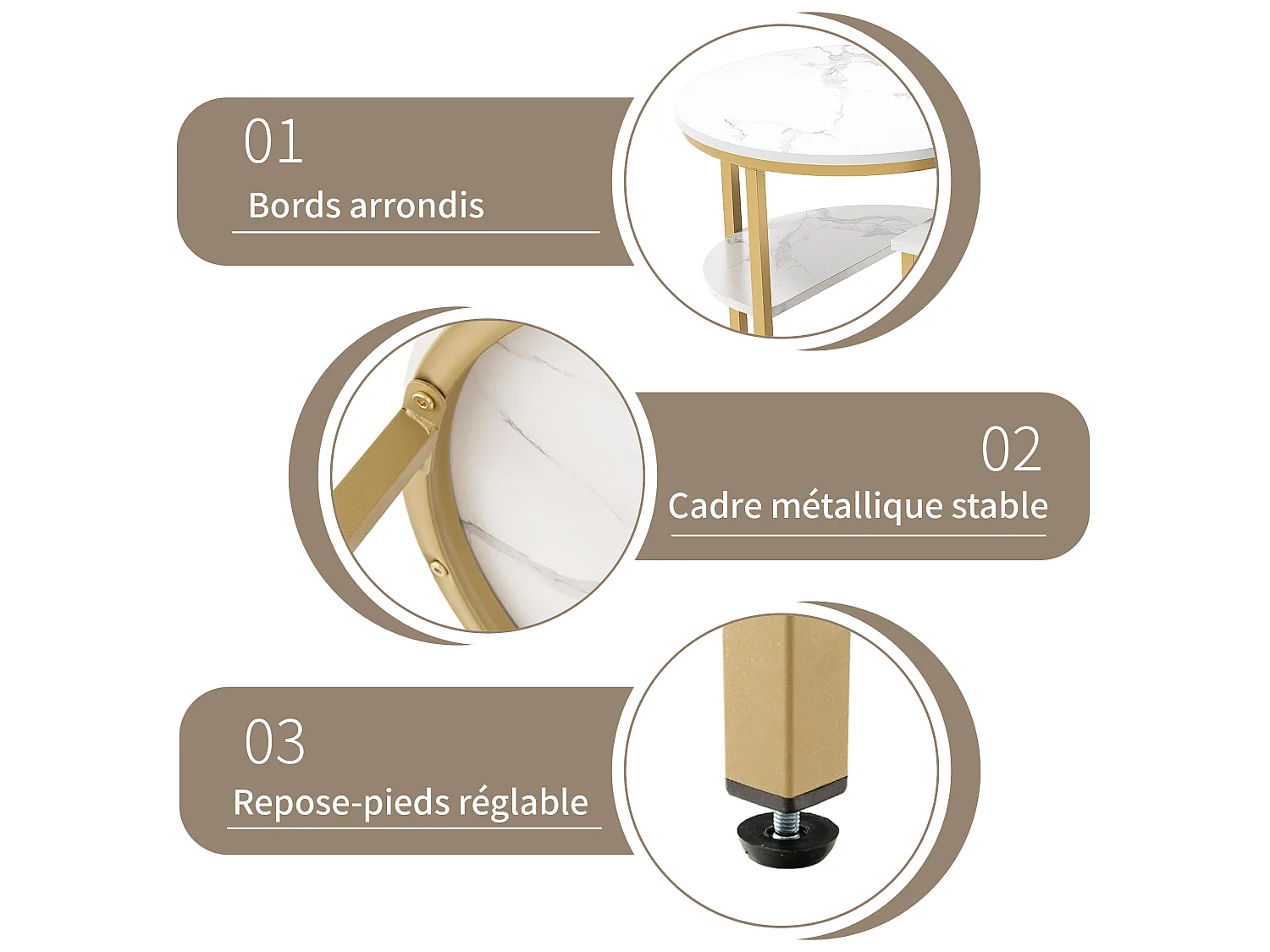 Table basse carrée - Lot de 2 - 4 niveaux - Table d'appoint pour salon - table de salon - Motif marbre blanc - Structure en métal - 80x52 cm - Doré