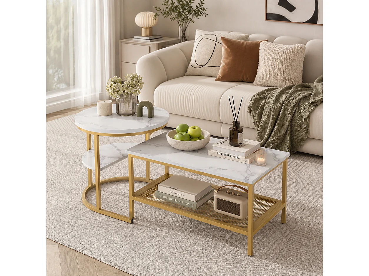 Table basse carrée - Lot de 2 - 4 niveaux - Table d'appoint pour salon - table de salon - Motif marbre blanc - Structure en métal - 80x52 cm - Doré
