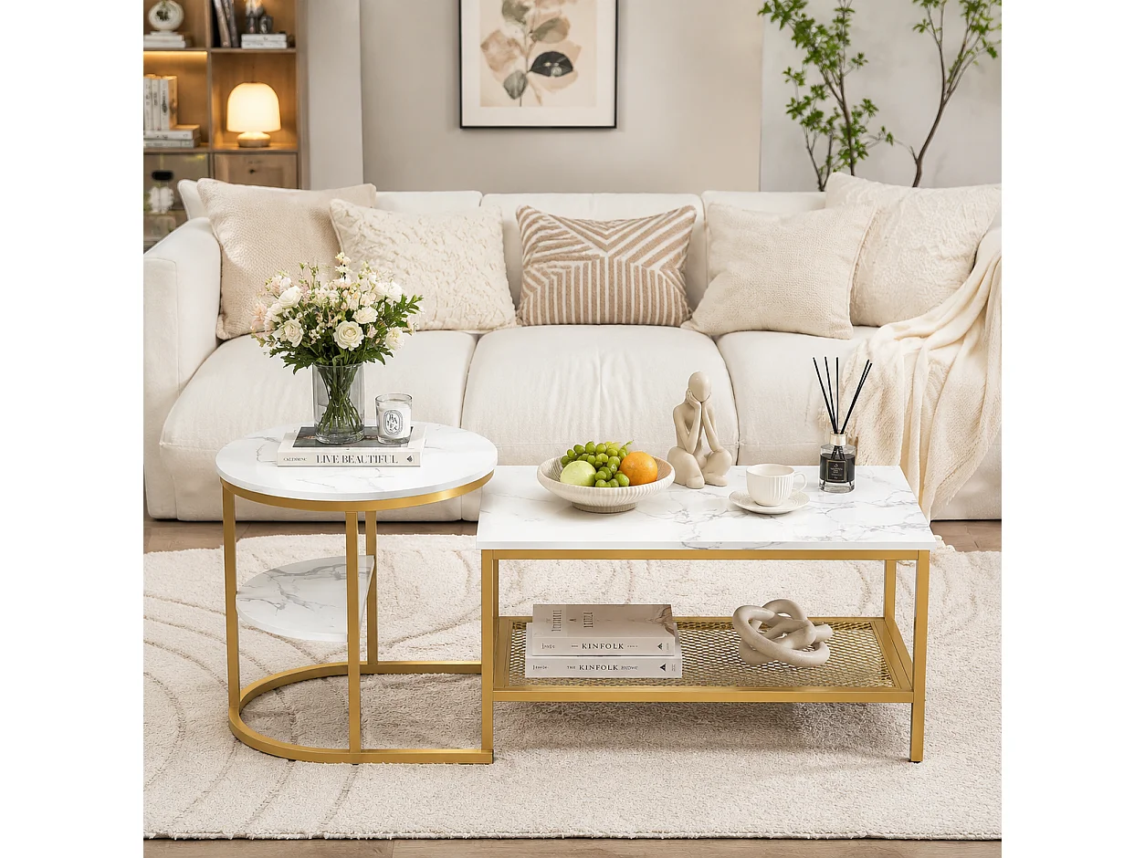 Table basse carrée - Lot de 2 - 4 niveaux - Table d'appoint pour salon - table de salon - Motif marbre blanc - Structure en métal - 80x52 cm - Doré