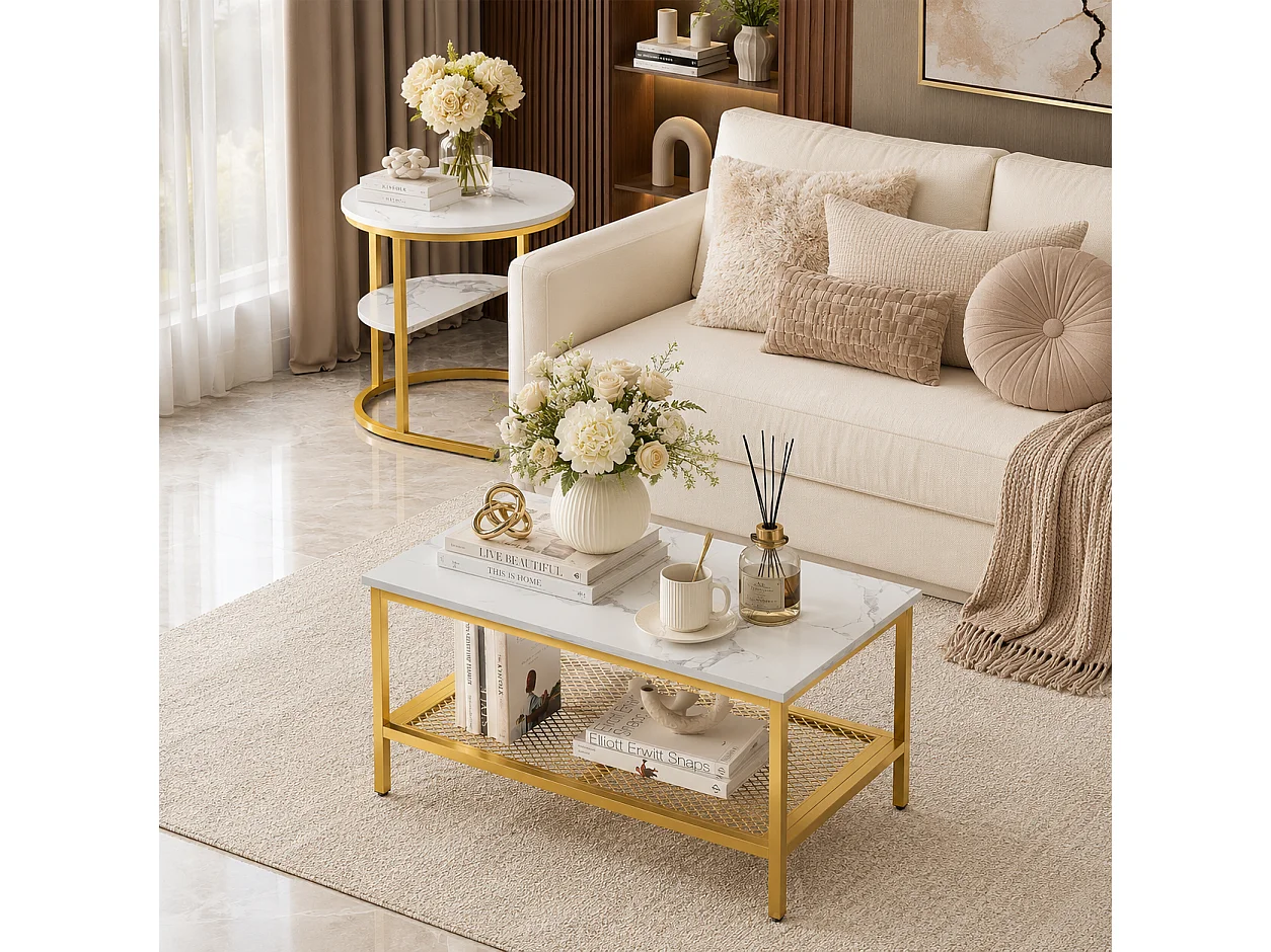 Table basse carrée - Lot de 2 - 4 niveaux - Table d'appoint pour salon - table de salon - Motif marbre blanc - Structure en métal - 80x52 cm - Doré