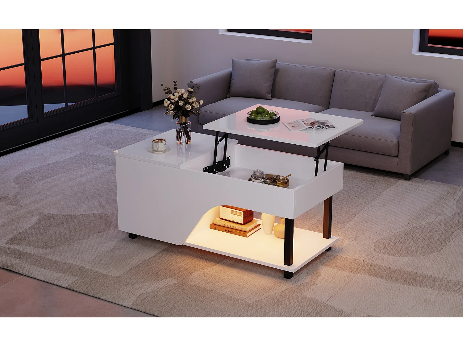 Table basse relevable 50x100 cm avec rangements et LED - Blanc