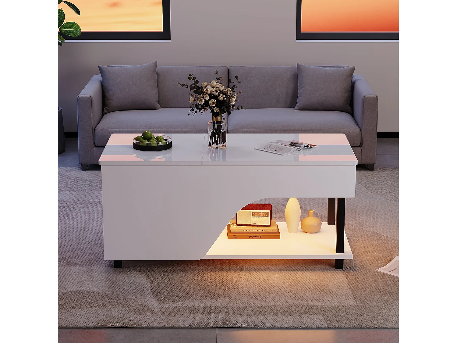 Table basse relevable 50x100 cm avec rangements et LED - Blanc