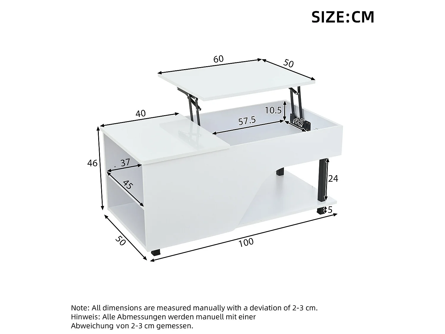 Table basse relevable 50x100 cm avec rangements et LED - Blanc