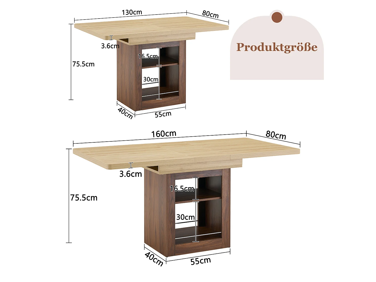 Uitschuifbare eettafel 130(160) x 80 cm met plank - Bruin en hout