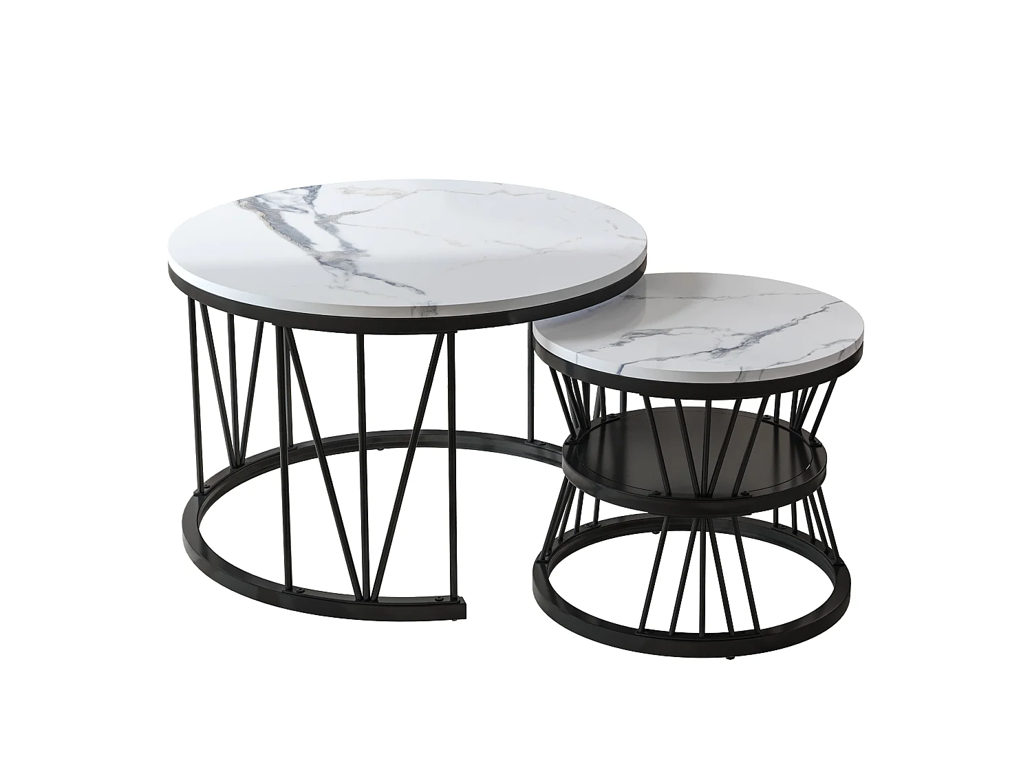 Lot de 2 tables basses rondes - table de salon à 3 niveaux - Table d'appoint Pour salon, chambre - Style Moderne - Diamètre 70/45 cm - Structure en métal Noir