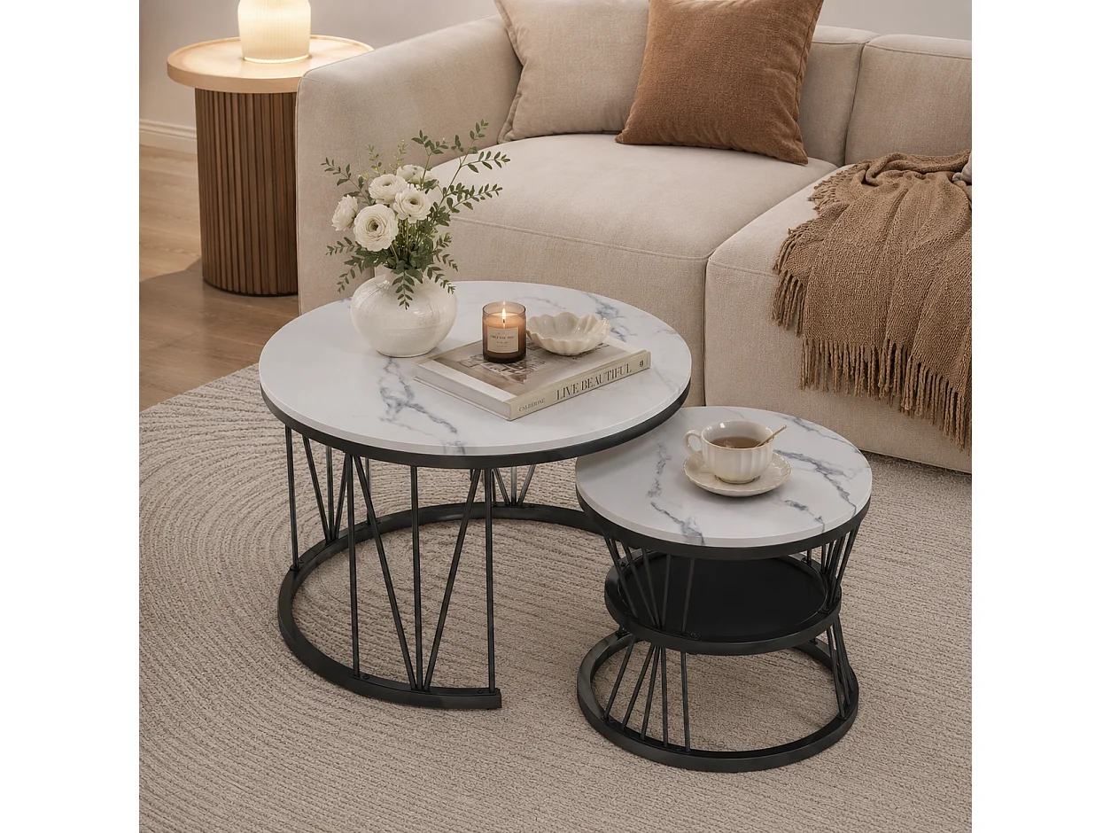 Lot de 2 tables basses rondes - table de salon à 3 niveaux - Table d'appoint Pour salon, chambre - Style Moderne - Diamètre 70/45 cm - Structure en métal Noir