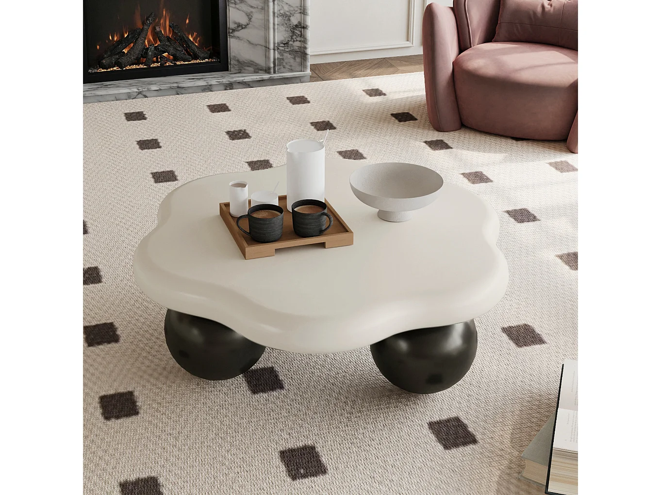 Table basse en forme de nuage 79 cm avec pieds sphériques - Noir et blanc